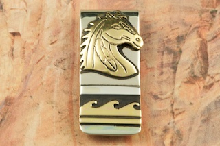 Beautiful Gold Fill Horse Design on Sterling Silver set on a Nickel Silver Money Clip. Created by Navajo Artist Tommy Singer.